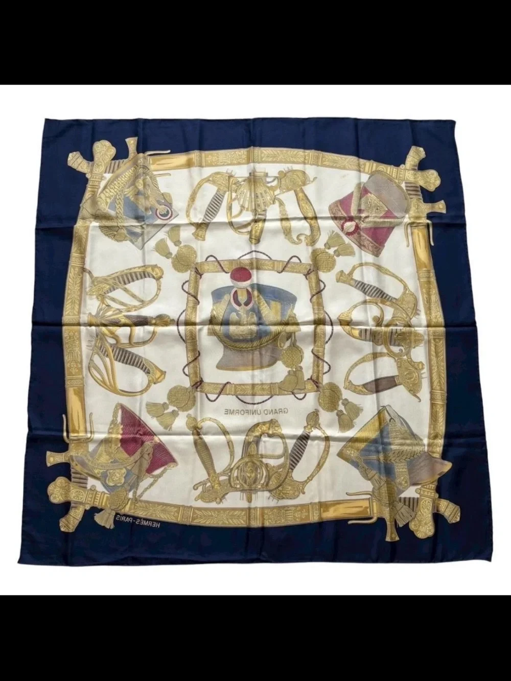 Hermes Navy, Gold & Cream Silk Scarf